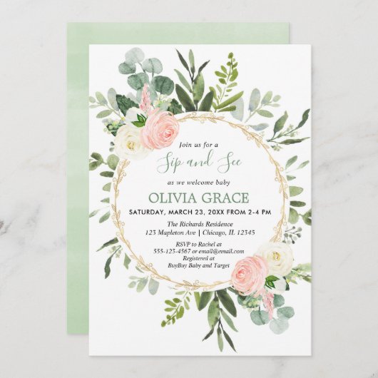 ユーカリの葉ピンクの金ゴールド女の子の口と見る 招待状 (正面/裏面)