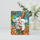 ユーカリの葉群に抱き込むコアラのイラストレーション ポストカード (スタンド正面)