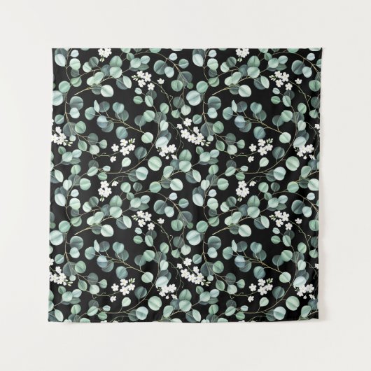 ユーカリの葉: 白い花の模様 タペストリー (正面)