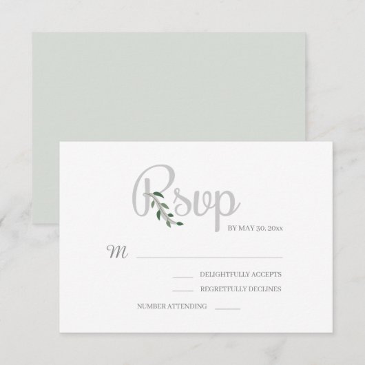 ユーカリの葉 白 グレー エレガントな結婚式 RSVP 招待状 (正面/裏面)