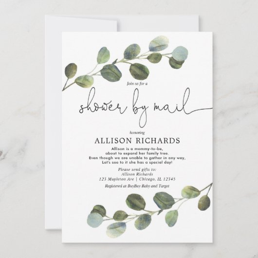 ユーカリの赤ちゃんモダンシャワーでシャワー 招待状 (正面)