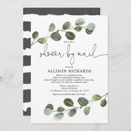 ユーカリの赤ちゃんモダンシャワーでシャワー 招待状 (正面/裏面)