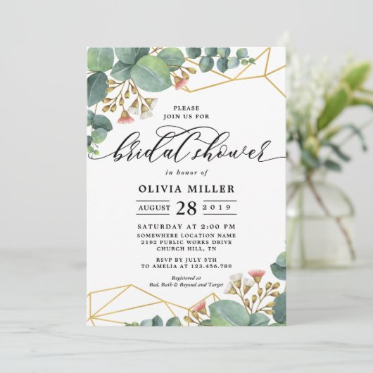 ユーカリの金ゴールドの幾何学的な形の結婚式 招待状 (スタンド正面)