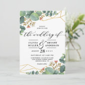 ユーカリの金ゴールドの幾何学的な形の結婚式 招待状 (スタンド正面)