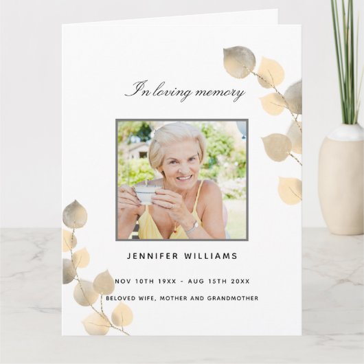 ユーカリの黄金の写真エレガント葬儀プログラム サンキューカード (正面)