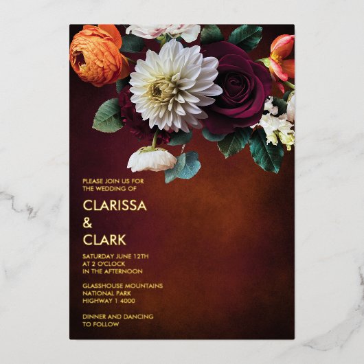 ユーカリはっきりしたプトゥスワイルドフラワーオレンジ結婚ズ 箔招待状 (正面)