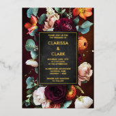 ユーカリはっきりしたプトゥスワイルドフラワーオレンジ結婚ズ 箔招待状 (正面)