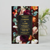 ユーカリはっきりしたプトゥスワイルドフラワーオレンジ結婚ズ 箔招待状 (立ち正面)