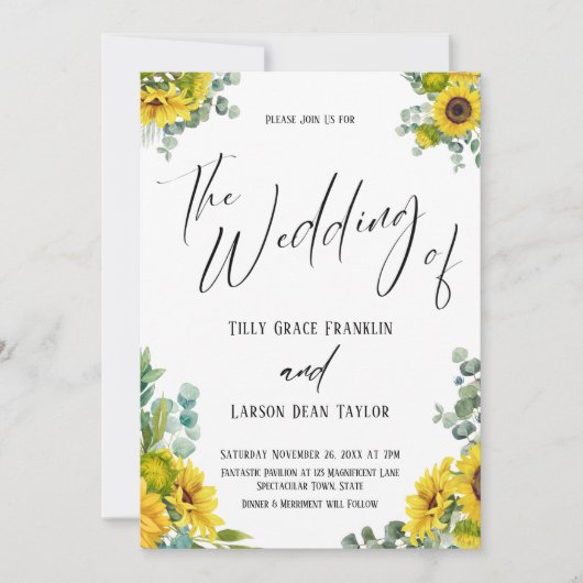 ユーカリひまわりの花結婚が~の跡を書く 招待状 (正面)