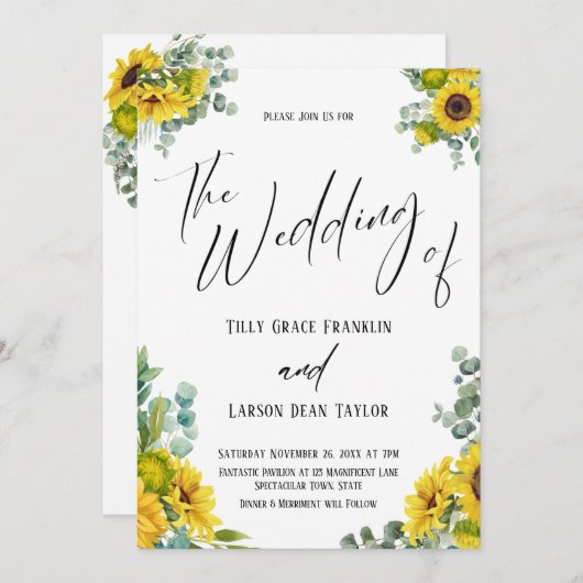 ユーカリひまわりの花結婚が~の跡を書く 招待状 (正面/裏面)