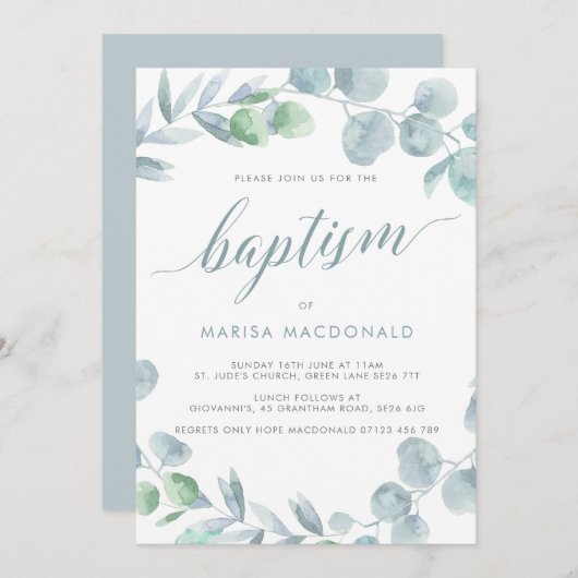 ユーカリほこりっぽいブルーバプテスマ 招待状 (正面/裏面)