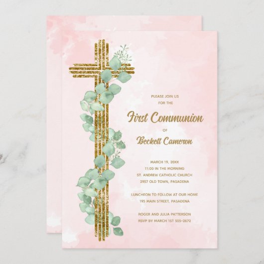 ユーカリエレガントとクロスピンク第一聖餐式 招待状 (正面/裏面)