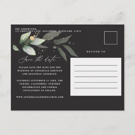 ユーカリエレガントな結婚式の植物日付を保存 案内ポストカード (裏面)
