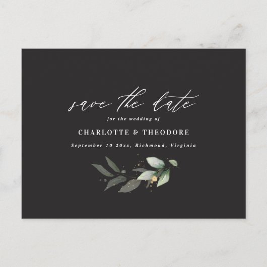 ユーカリエレガントな結婚式の植物日付を保存 案内ポストカード (正面)
