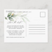 ユーカリエレガントな結婚式の植物日付を保存 案内ポストカード (裏面)