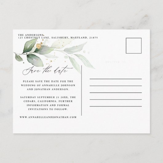 ユーカリエレガントな結婚式の植物日付を保存 案内ポストカード (裏面)