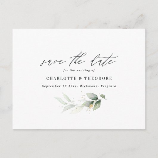 ユーカリエレガントな結婚式の植物日付を保存 案内ポストカード (正面)