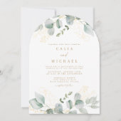 ユーカリエレガントカリと金ゴールド結婚のアーチ 招待状 (正面)