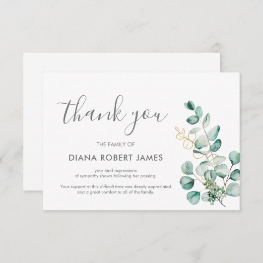 ユーカリエレガントカリタイポグラフィ悔やみや弔慰 サンキューカード (正面/裏面)