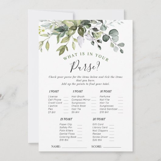 ユーカリエレガントカリフローラブライダルシャワーゲームカード 招待状 (正面)