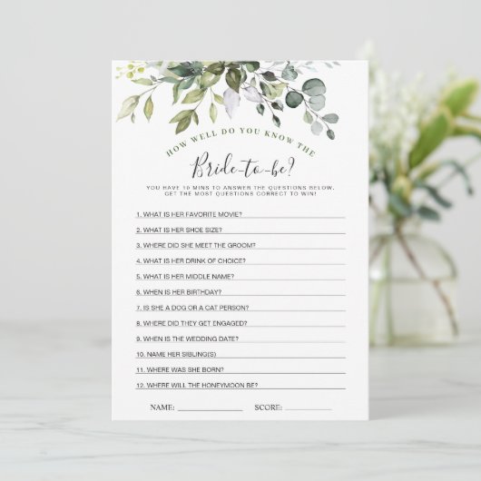 ユーカリエレガントカリフローラブライダルシャワーゲームカード 招待状 (スタンド正面)