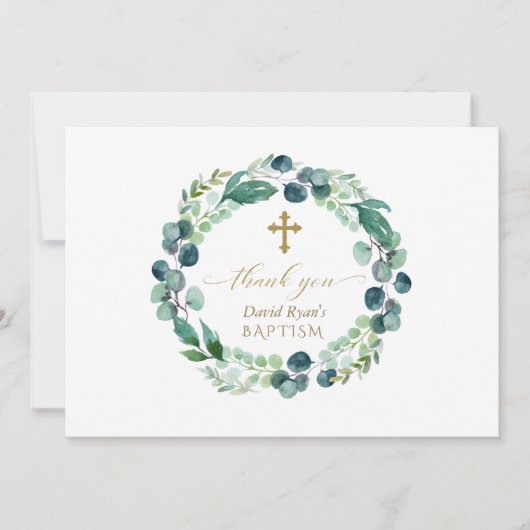 ユーカリエレガントカリリース金ゴールドフォトボーイバプテスマ サンキューカード (正面)