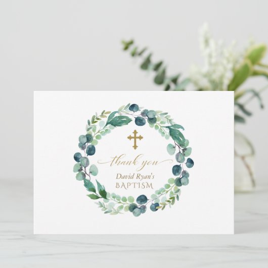 ユーカリエレガントカリリース金ゴールドフォトボーイバプテスマ サンキューカード (スタンド正面)