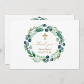 ユーカリエレガントカリリース金ゴールドフォトボーイバプテスマ サンキューカード (正面/裏面)