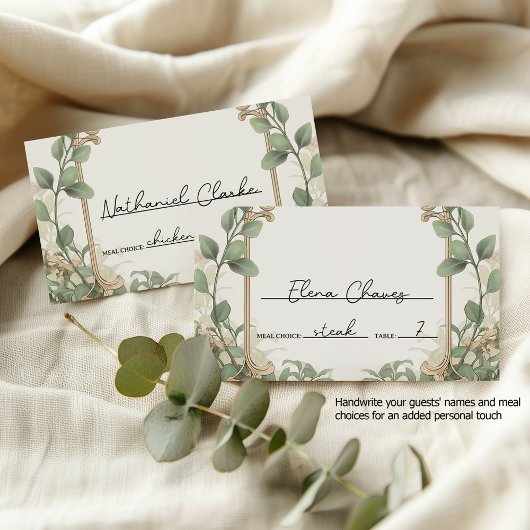 ユーカリエレガントカリ及び金ゴールドフローラ結婚ズ プレイスカード