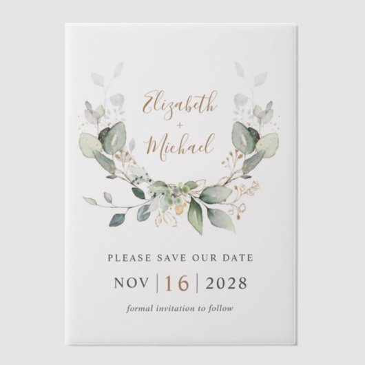 ユーカリエレガントカリ水の色は日付を保存 ベラム紙招待状 (正面)