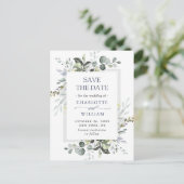 ユーカリエレガントカリ緑の結婚式の日付を保存 ポストカード (スタンド正面)