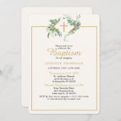 ユーカリエレガントカリ緑の金ゴールドバプテスマ 招待状 (正面/裏面)