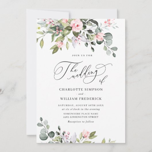 ユーカリエレガントカリ赤面バラQRコード結婚s 招待状 (正面)