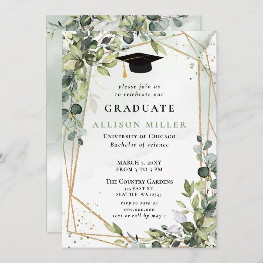 ユーカリエレガントグリネリー金ゴールド卒業 招待状 (正面/裏面)