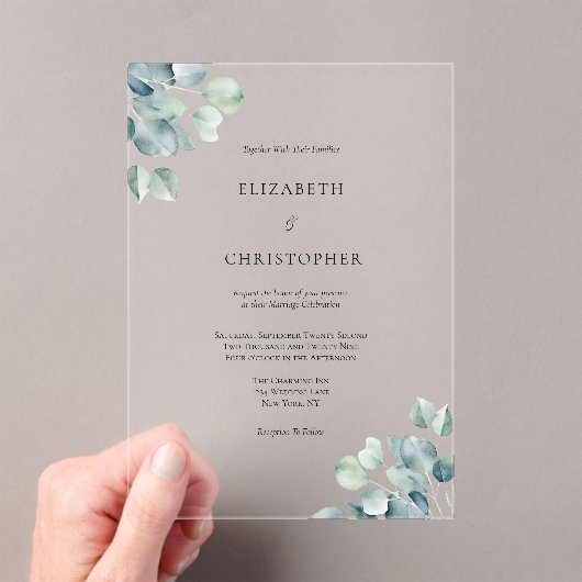 ユーカリエレガントグリーンリー結婚ミニマリスト アクリル招待状 (インサイチュ (ポータブル))