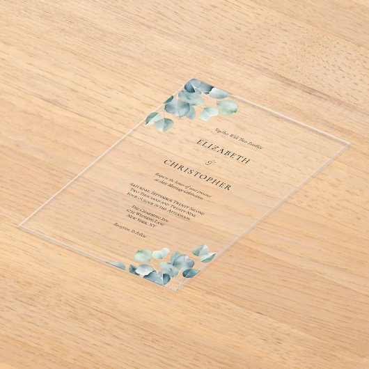 ユーカリエレガントグリーンリー結婚ミニマリスト アクリル招待状 (レイダウン)