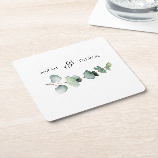 ユーカリエレガントグリーンリー結婚ミニマリスト スクエアペーパーコースター (アングル)
