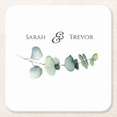 ユーカリエレガントグリーンリー結婚ミニマリスト スクエアペーパーコースター (正面)