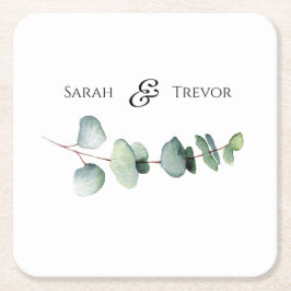 ユーカリエレガントグリーンリー結婚ミニマリスト スクエアペーパーコースター