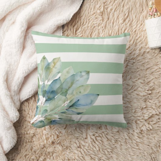 ユーカリエレガントソフトセージ緑の白いストリップ クッション (ブランケット)