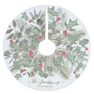 ユーカリエレガントパインとホリー・クリスマス ブラッシュドポリエステルツリースカート