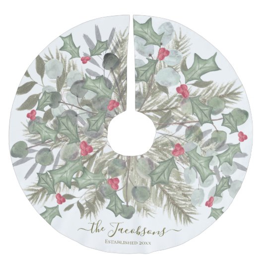 ユーカリエレガントパインとホリー・クリスマス ブラッシュドポリエステルツリースカート (正面)