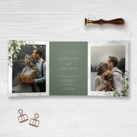 ユーカリエレガントプサージグリーンフローラズ結婚 三つ折り招待状