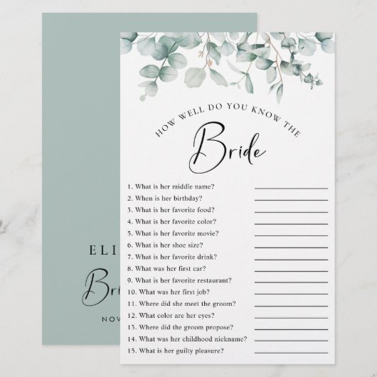 ユーカリエレガントプスグリーンブライダルシャワーゲーム (正面/裏面)