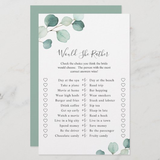 ユーカリエレガントプスグリーンブライダルシャワーゲーム (正面/裏面)