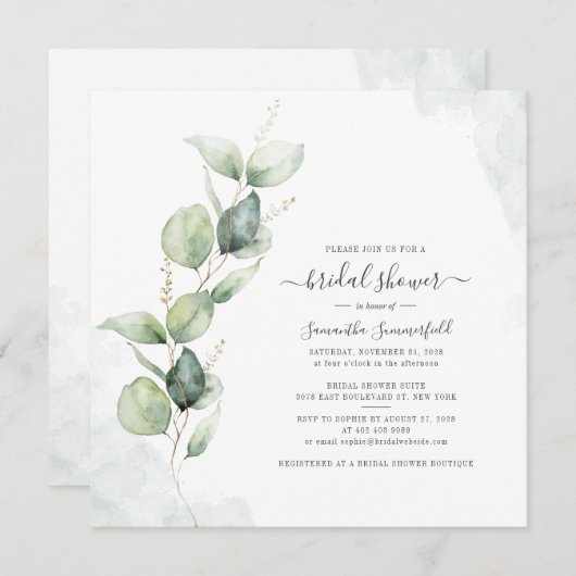 ユーカリエレガントプスグリーンリーシックブライダルシャワー 招待状 (正面/裏面)