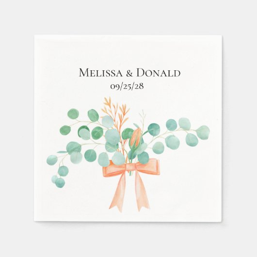 ユーカリエレガントプスグリーンリーピーチフローラズ結婚 スタンダードカクテルナプキン (正面)