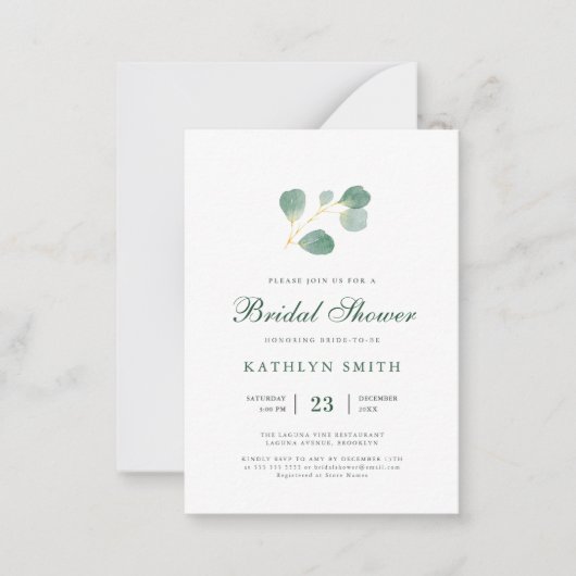 ユーカリエレガントプスグリーンリーモダンブライダルシャワー ノートカード (正面)