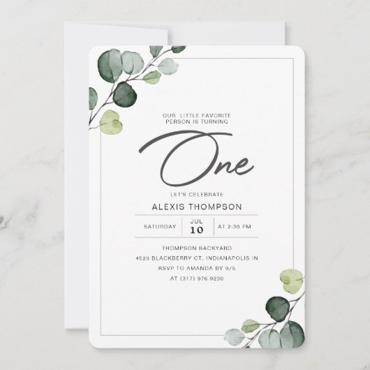 ユーカリエレガントプスグリーンリー1st誕生日パーティー 招待状 (正面)