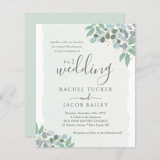 ユーカリエレガントプスタースブルー結婚式招待状 (正面/裏面)